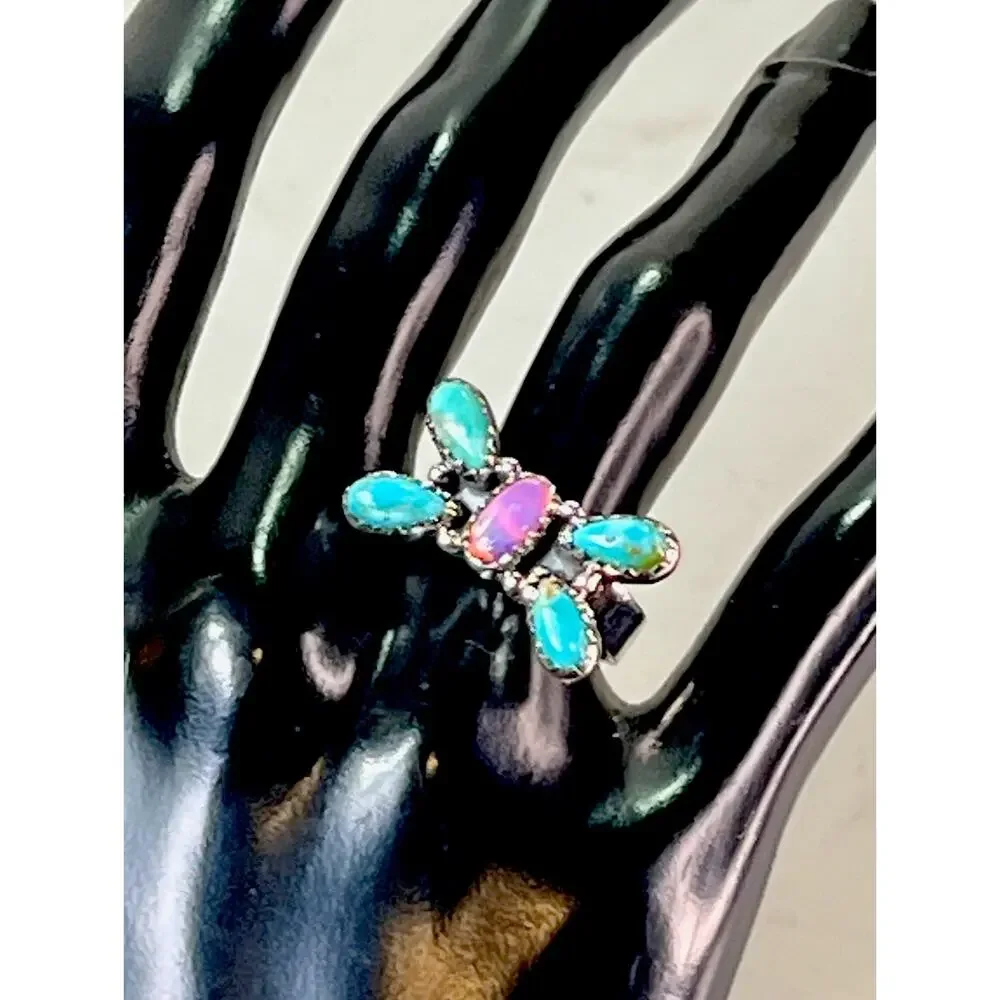 Southwest Sterling Silver Kingman Turquoise Pink Opal Butterfly Cluster Ring